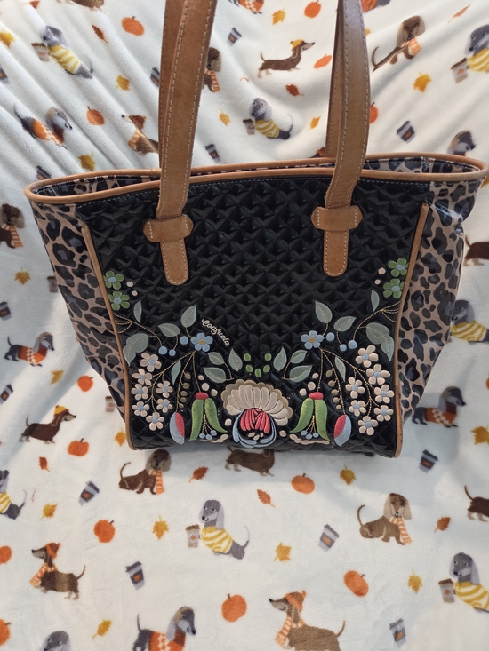 Consuela Handbags - Consuela Black Quilted Tote with Brown Trim and Floral Embroidery